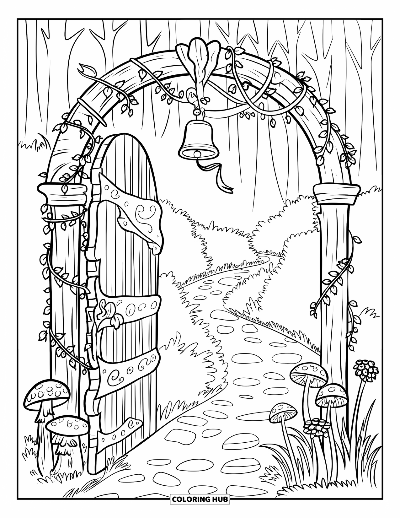 Magical Forest Coloring Page for Kids: A wooden archway gate leads to a hidden forest trail