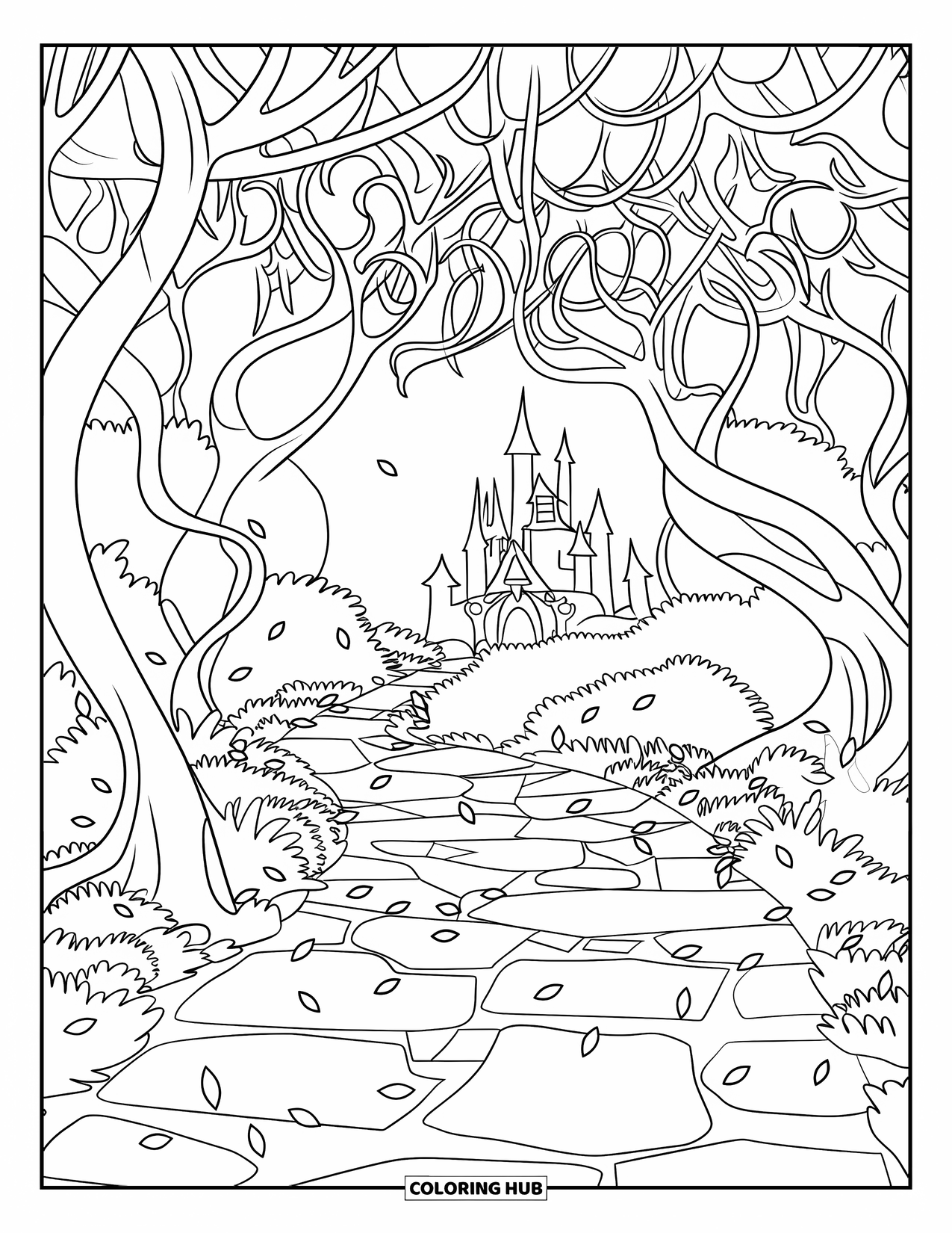 Magical Forest Coloring Page for Kids: Floating petals drift above a winding enchanted forest path