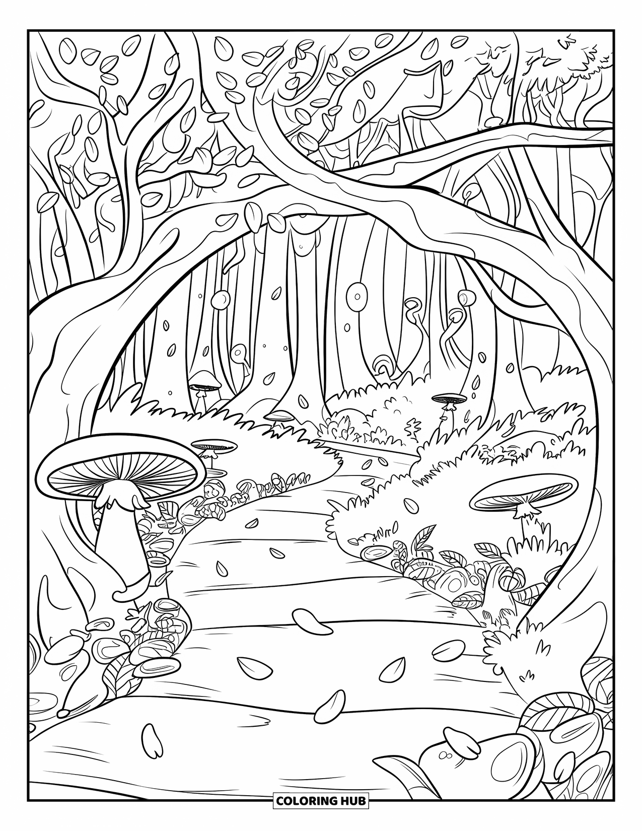 Magical Forest Coloring Page for Kids: Intertwined forest trees line a flower-strewn magical trail