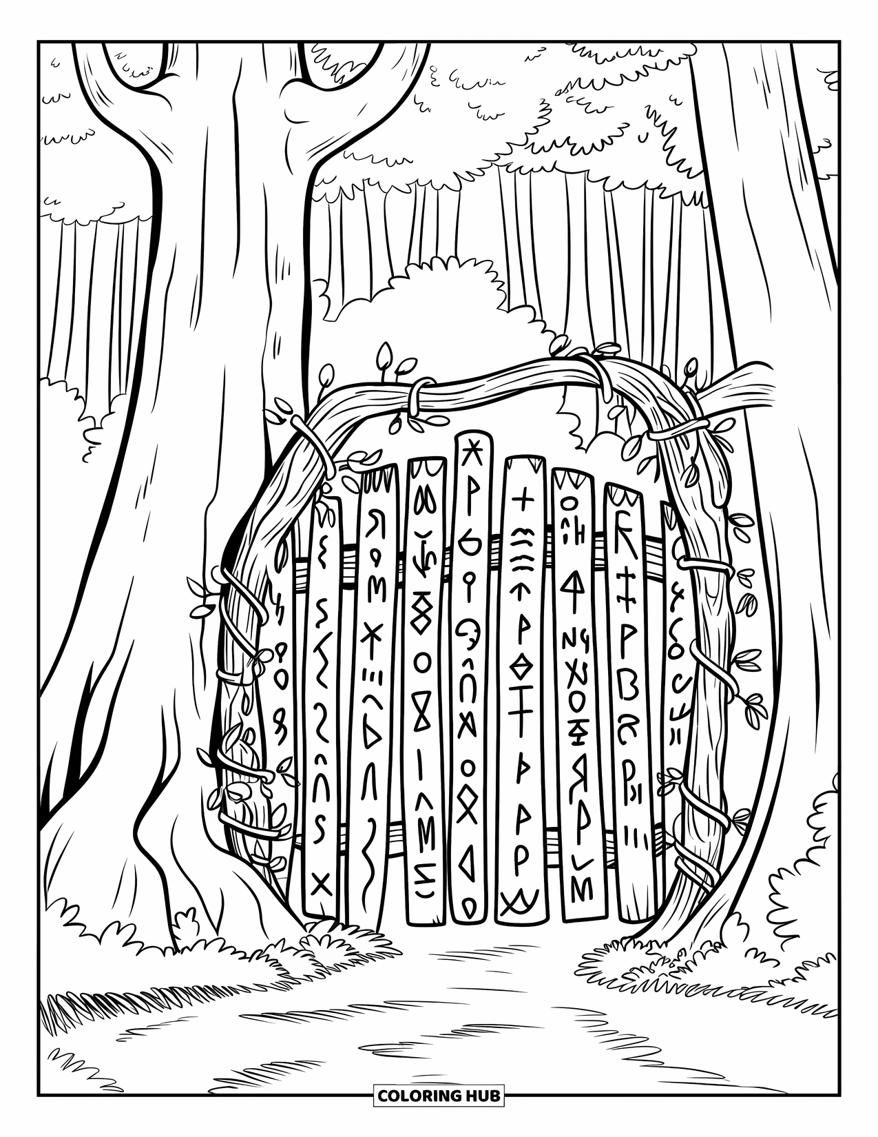 Magical Forest Coloring Page for Kids: Runes glow on a vine gate deep in the forest