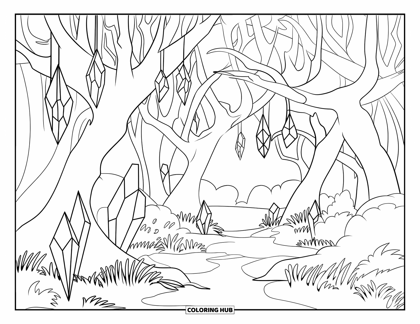 Magical Forest Coloring Page for Kids: Sparkling crystals hang along a winding forest trail