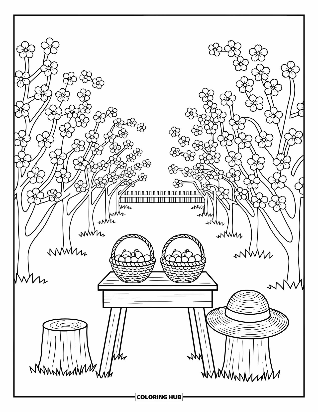 Michigan Coloring Page for Adults: Cherry orchard with blossoms, baskets of cherries, and a picket fence