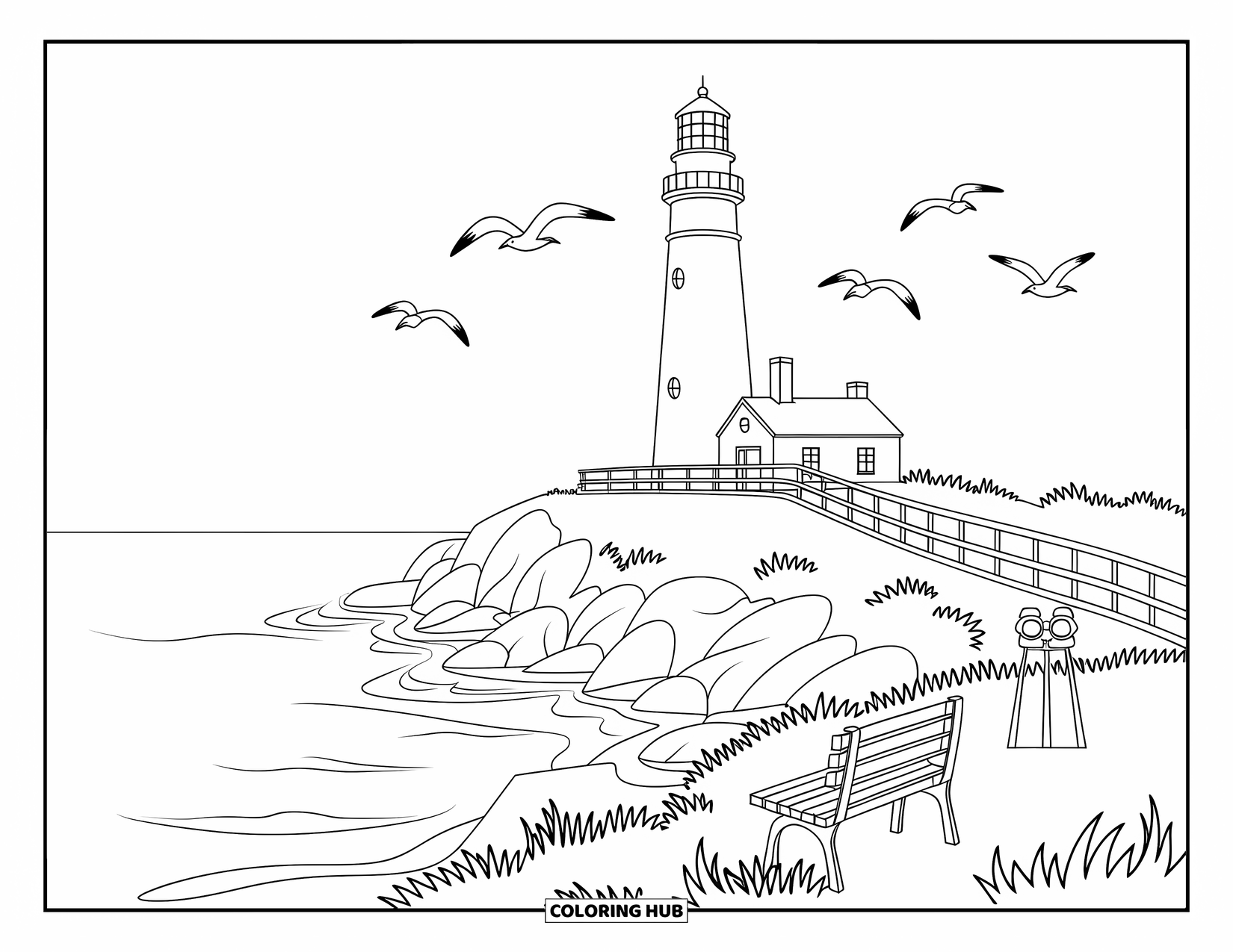 Michigan Coloring Page for Adults: Cliffside lighthouse with a bench, binoculars, and a quiet lookout view