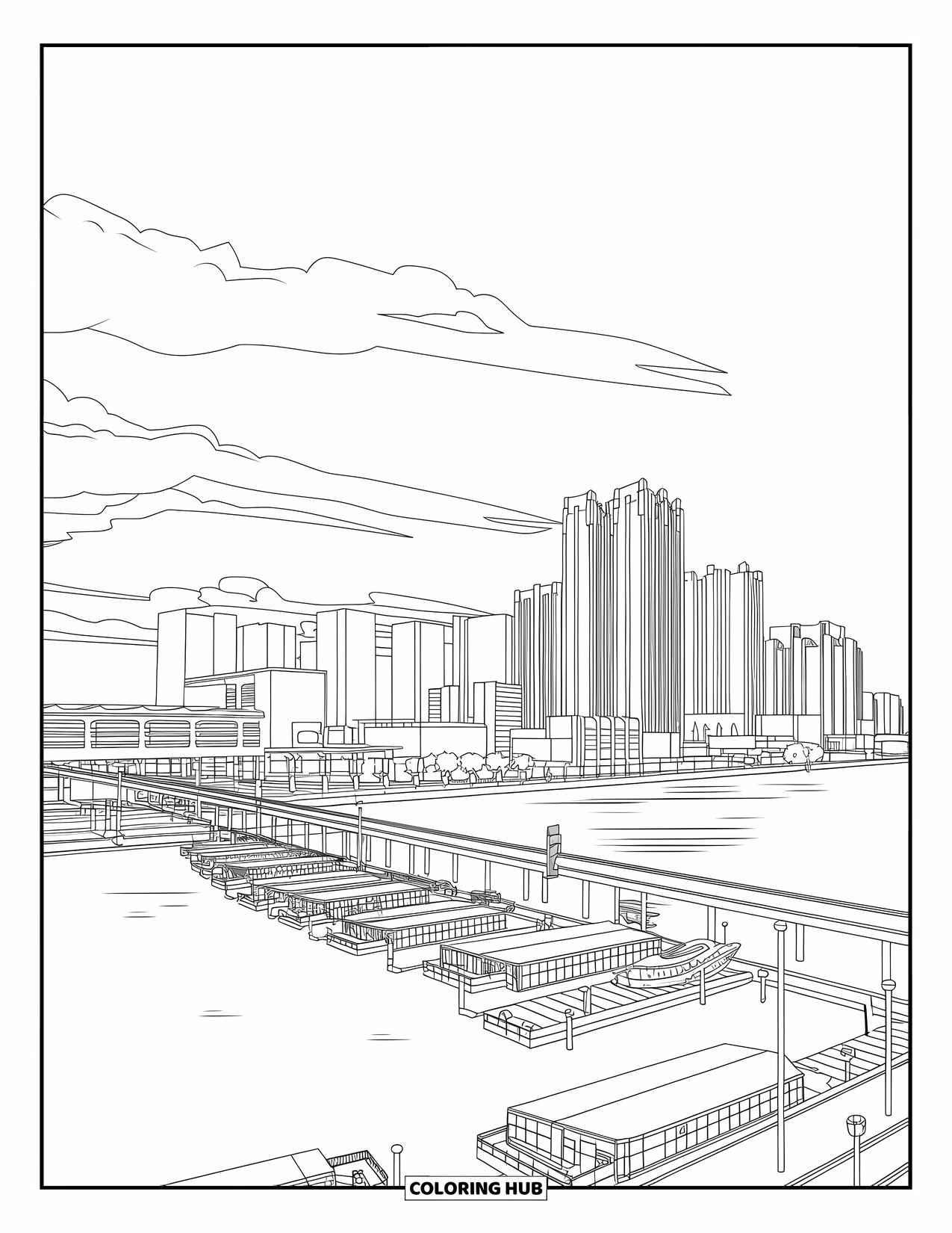 Michigan Coloring Page for Adults: Detroit skyline across the river with tall buildings and docked boats