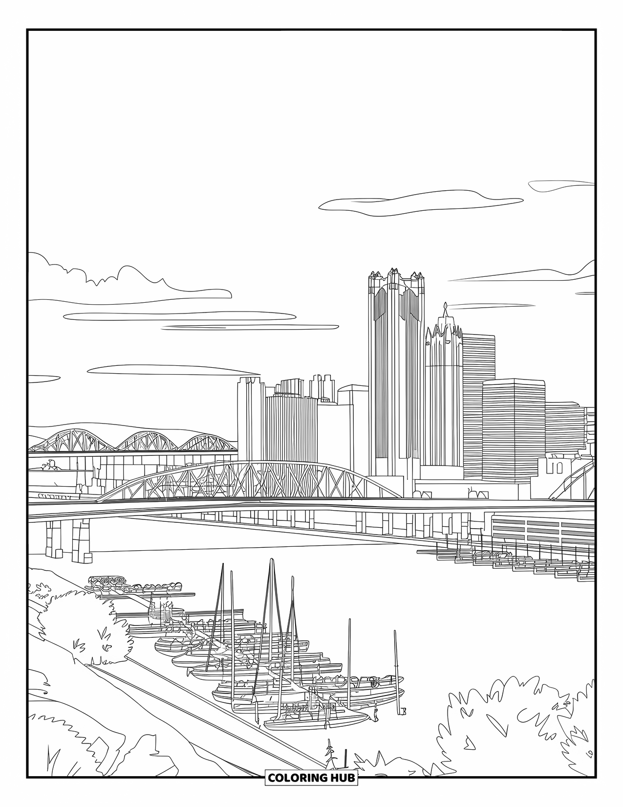 Michigan Coloring Page for Adults: Detroit skyline view with bridges, boats, and morning clouds