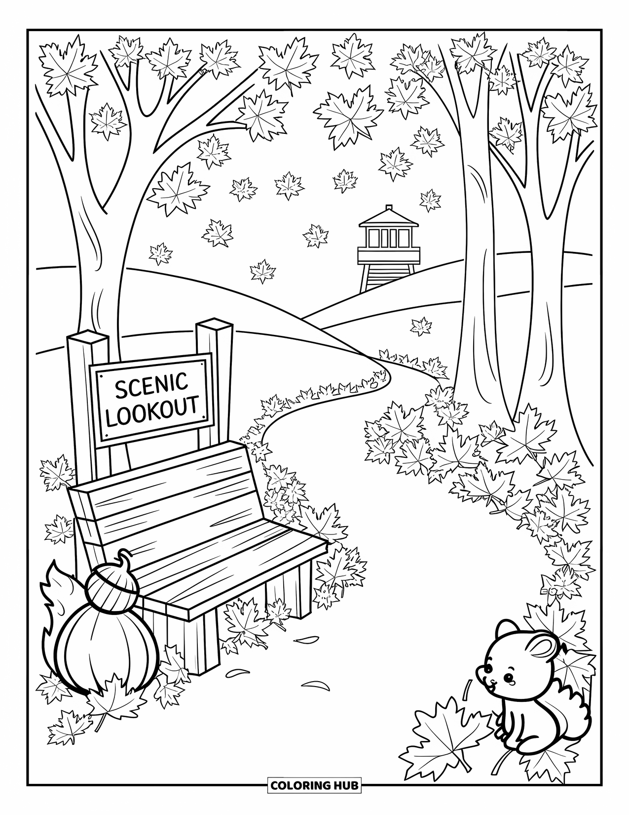 Michigan Coloring Page for Adults: Fall forest path with a bench, squirrel, and a lookout sign