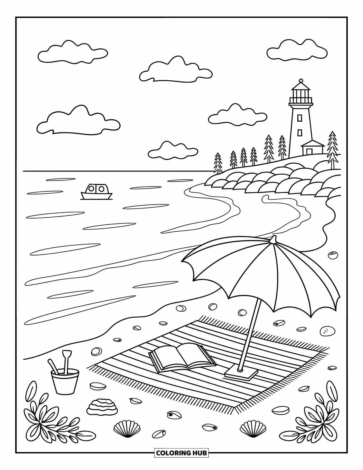 Michigan Coloring Page for Adults: Lake Michigan beach with umbrella, blanket, and seashells on the sand