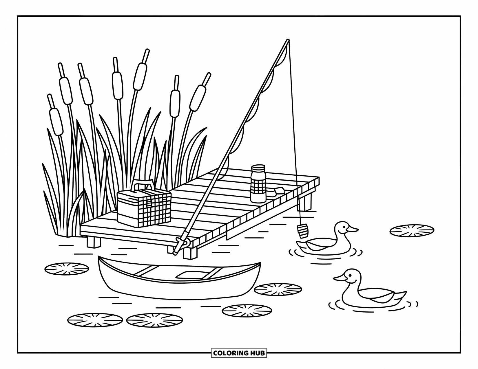 Michigan Coloring Page for Adults: Lakeside dock with fishing pole, basket, thermos, and drifting ducks