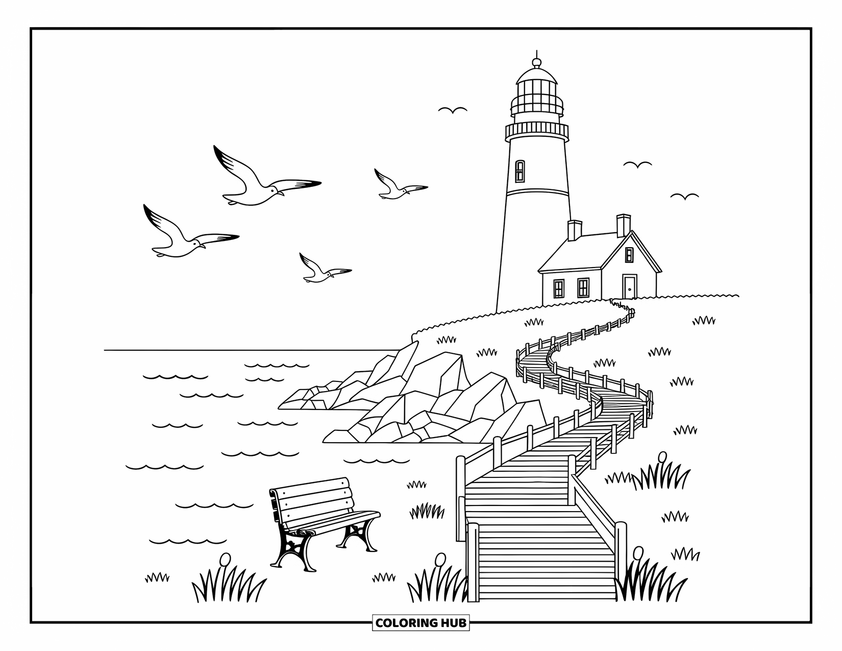 Michigan Coloring Page for Adults: Lighthouse on a rocky cliff with a wooden walkway and seagulls above