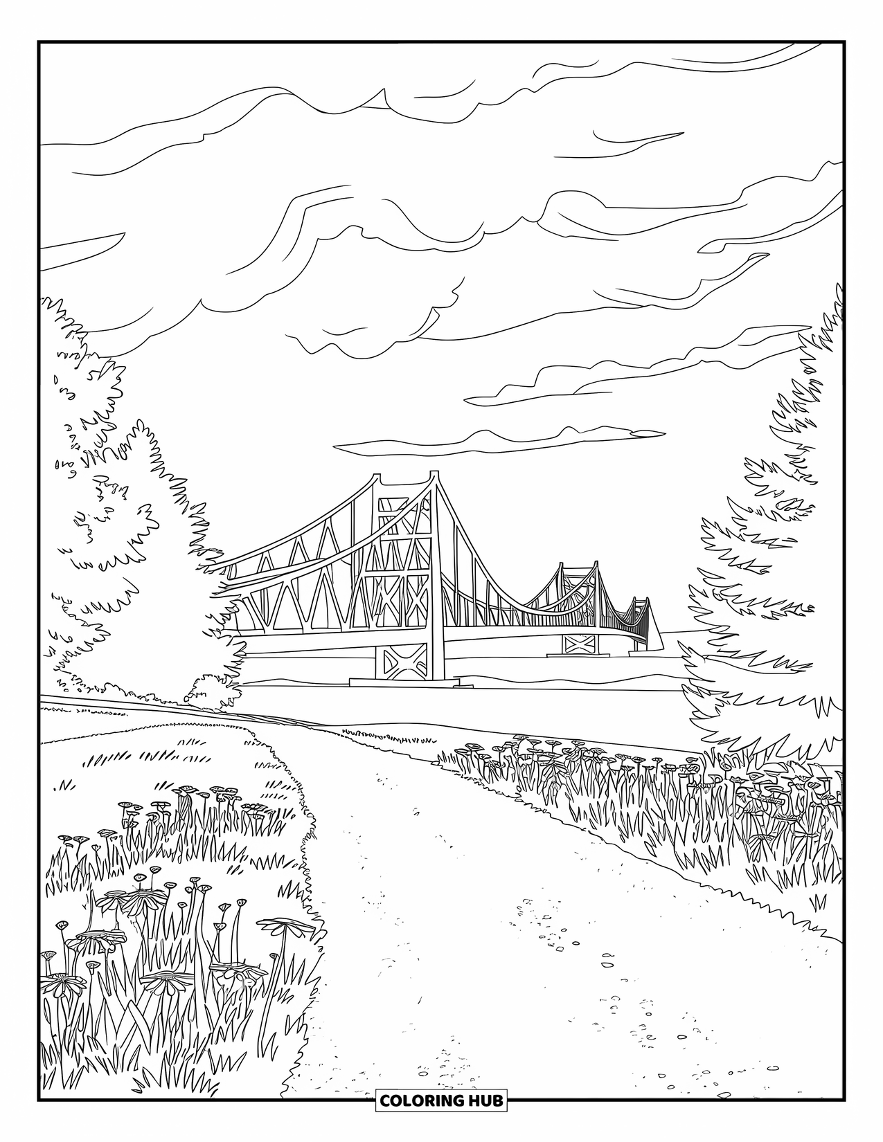 Michigan Coloring Page for Adults: Mackinac Bridge view with gravel path, wildflowers, and cloudy sky