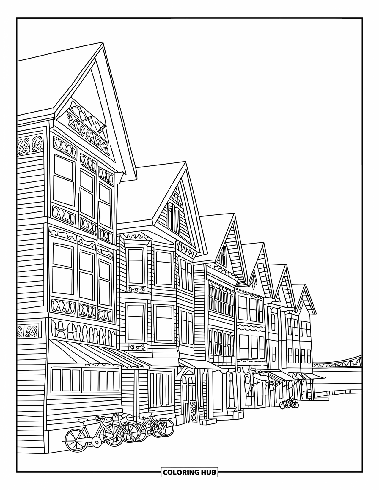 Michigan Coloring Page for Adults: Mackinac Island downtown with Victorian buildings and parked bicycles