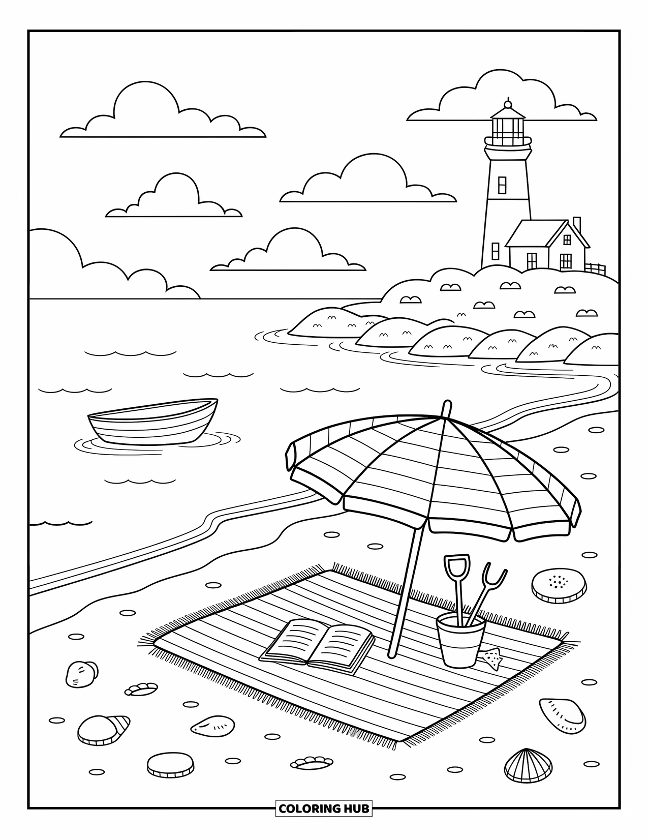 Michigan Coloring Page for Adults: Picnic on the shore with a striped umbrella and a nearby lighthouse