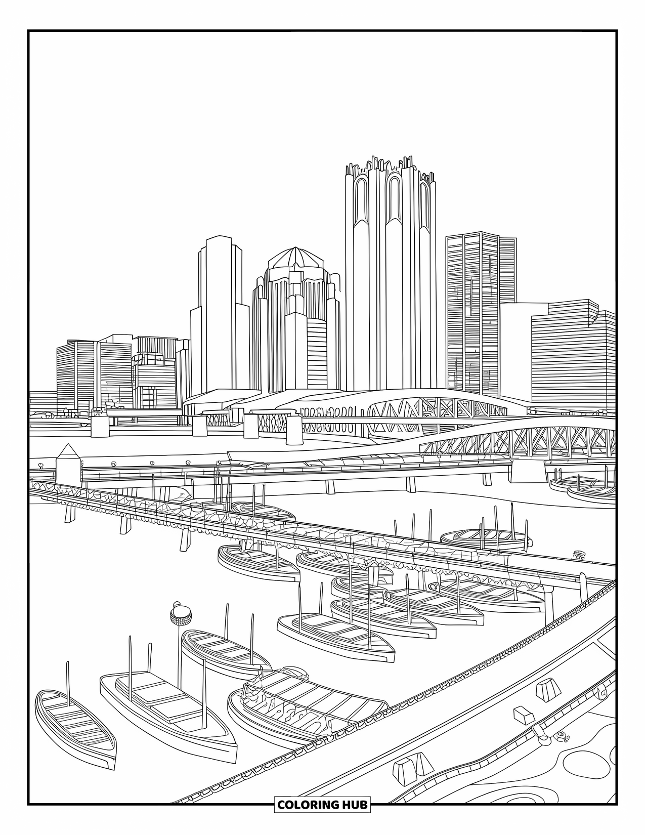 Michigan Coloring Page for Adults: Riverfront Detroit skyline with boats, bridges, and patterned details