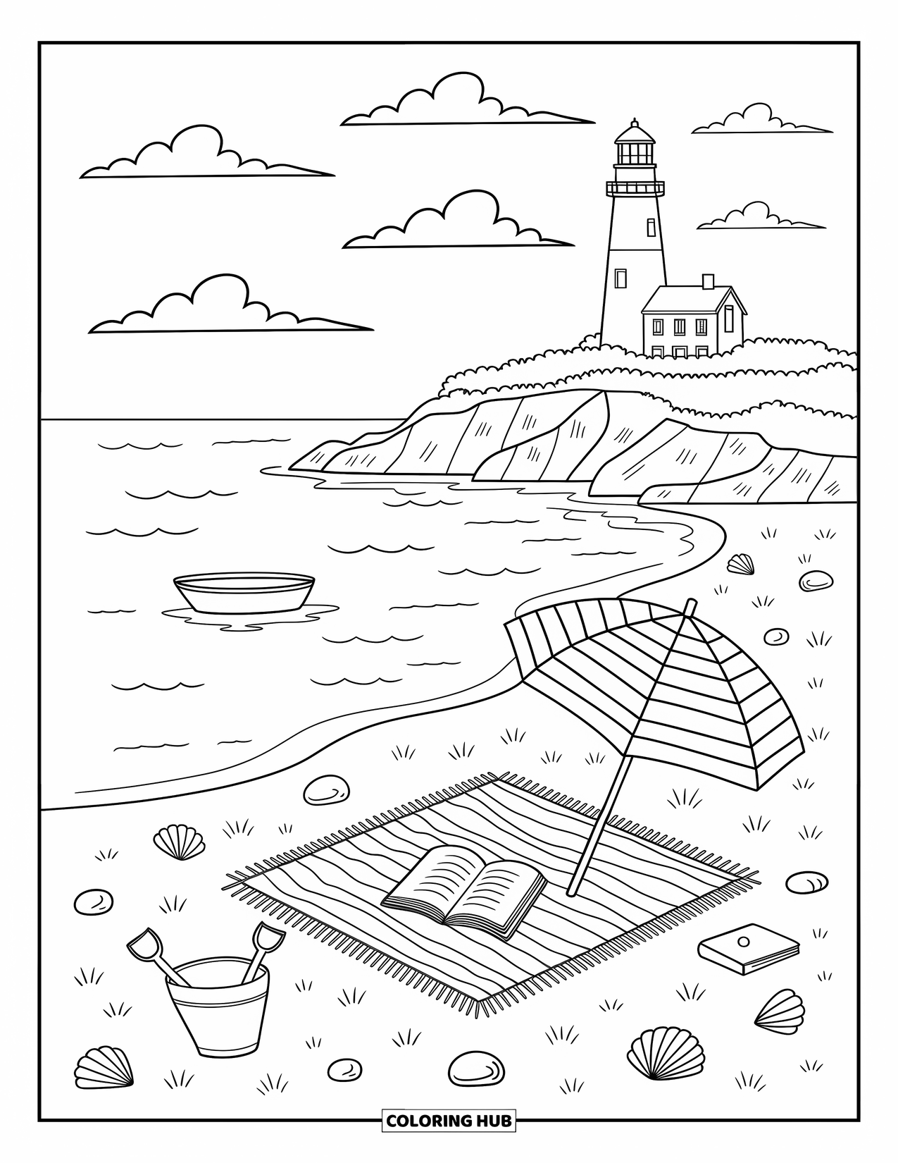Michigan Coloring Page for Adults: Sandy beach with picnic setup, lighthouse, and tiny boat on the lake