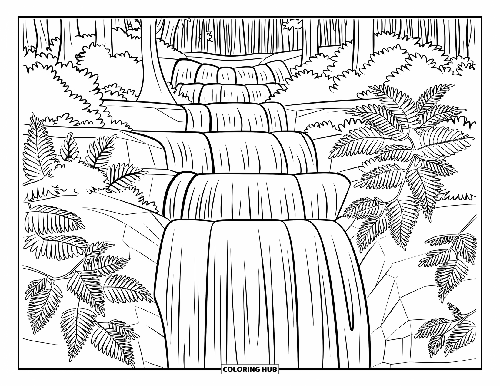 Michigan Coloring Page for Adults: Tahquamenon Falls cascading over ledges with moss, ferns, and maple trees