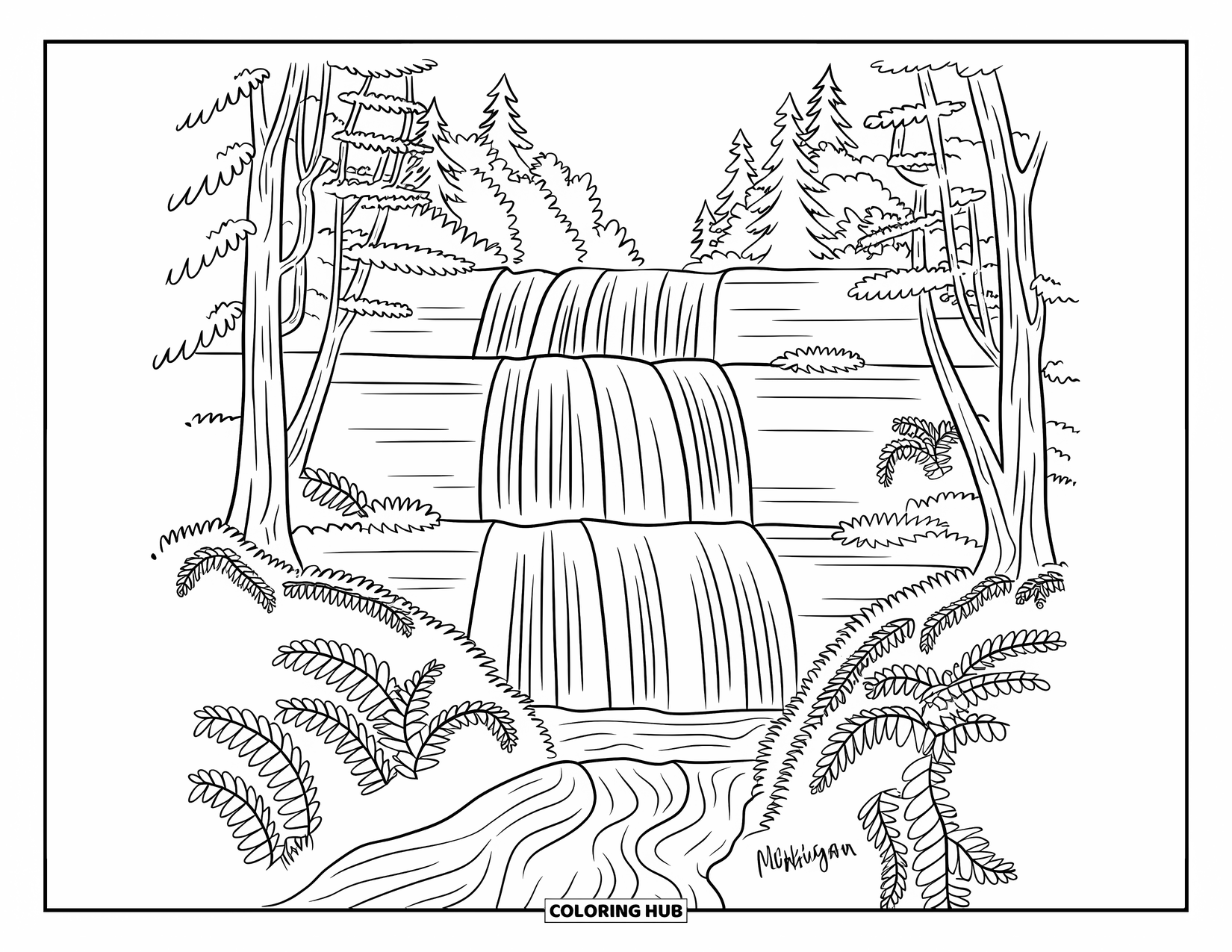 Michigan Coloring Page for Adults: Tahquamenon Falls surrounded by forest and dense greenery