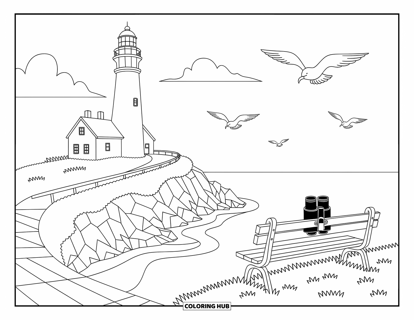 Michigan Coloring Page for Adults: Tall lighthouse on a cliff with a bench, binoculars, and gentle waves