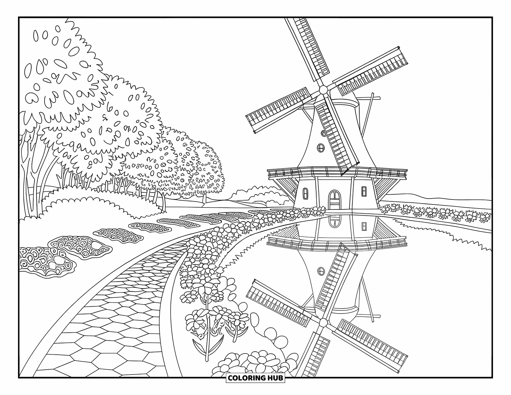 Michigan Coloring Page for Adults: Windmill Island scene with flower beds, path, and artistic mandala details