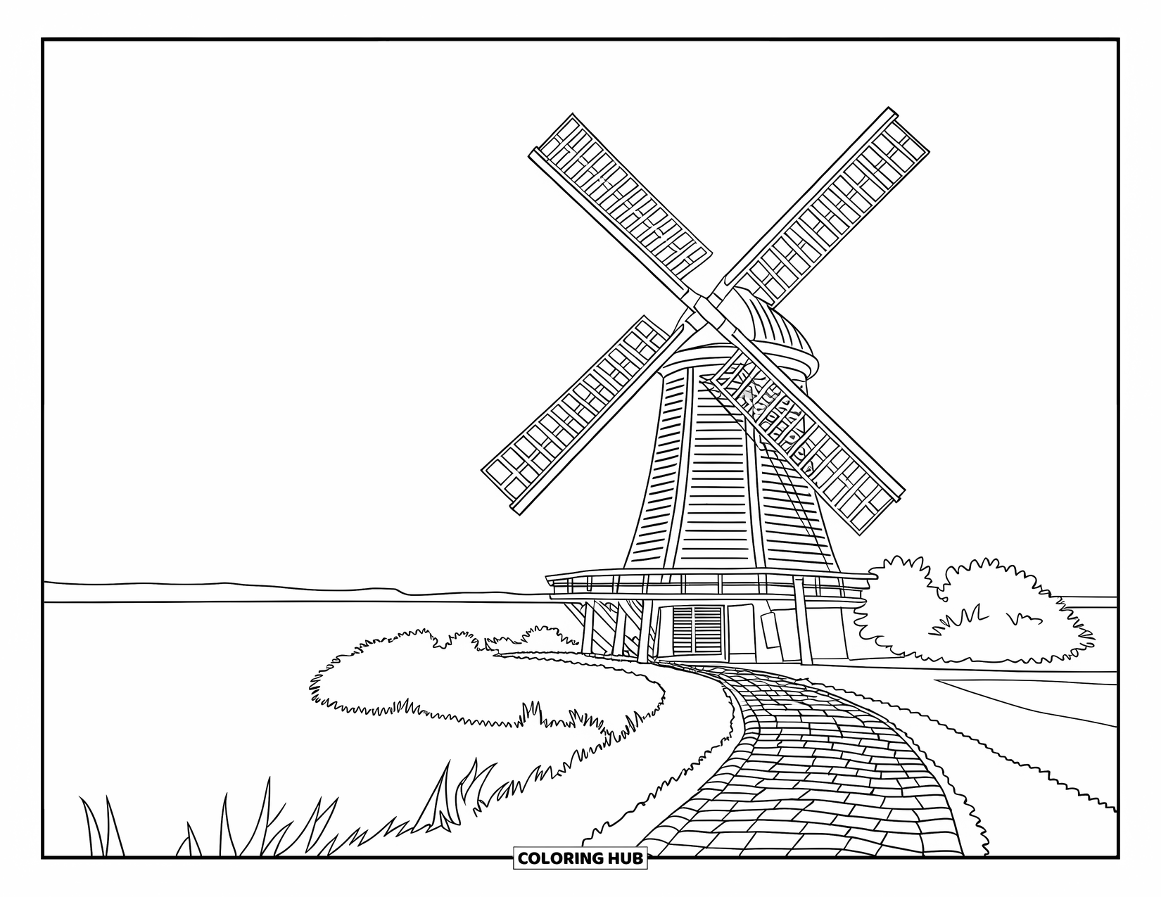 Michigan Coloring Page for Adults: Windmill on a cobblestone path with serene water and trees