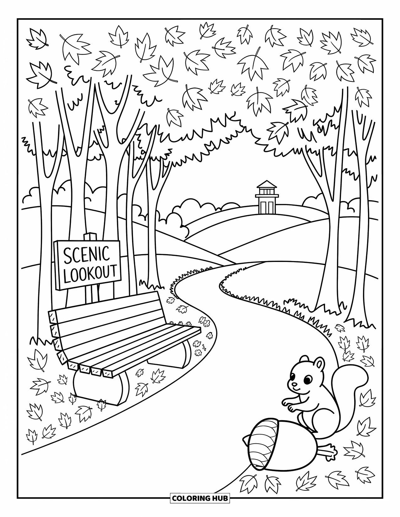 Michigan Coloring Page for Adults: Wooded trail with colorful leaves, a squirrel, and a Scenic Lookout sign