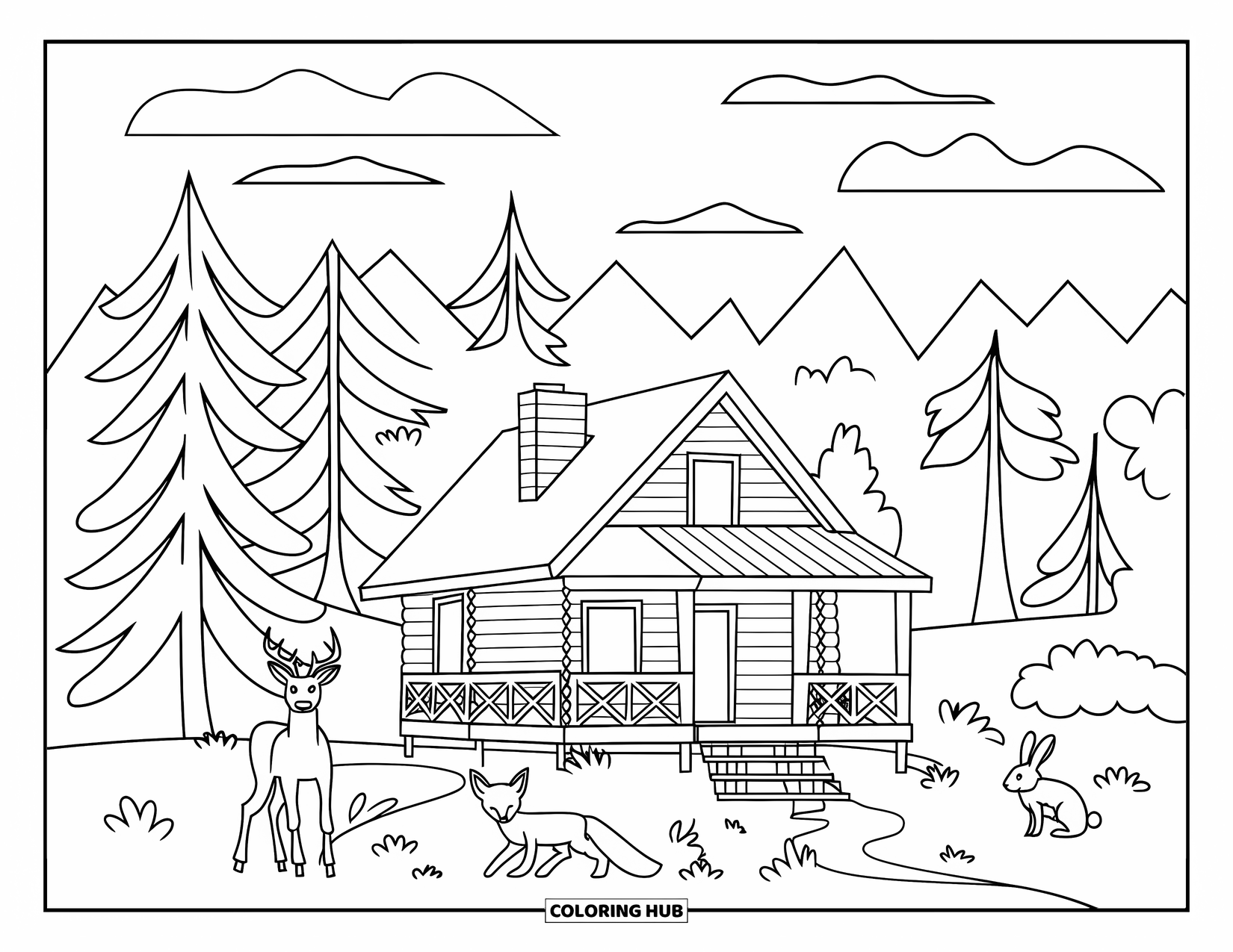 Michigan Coloring Page for Kids: Cabin in the pines with deer, fox, and rabbit nearby