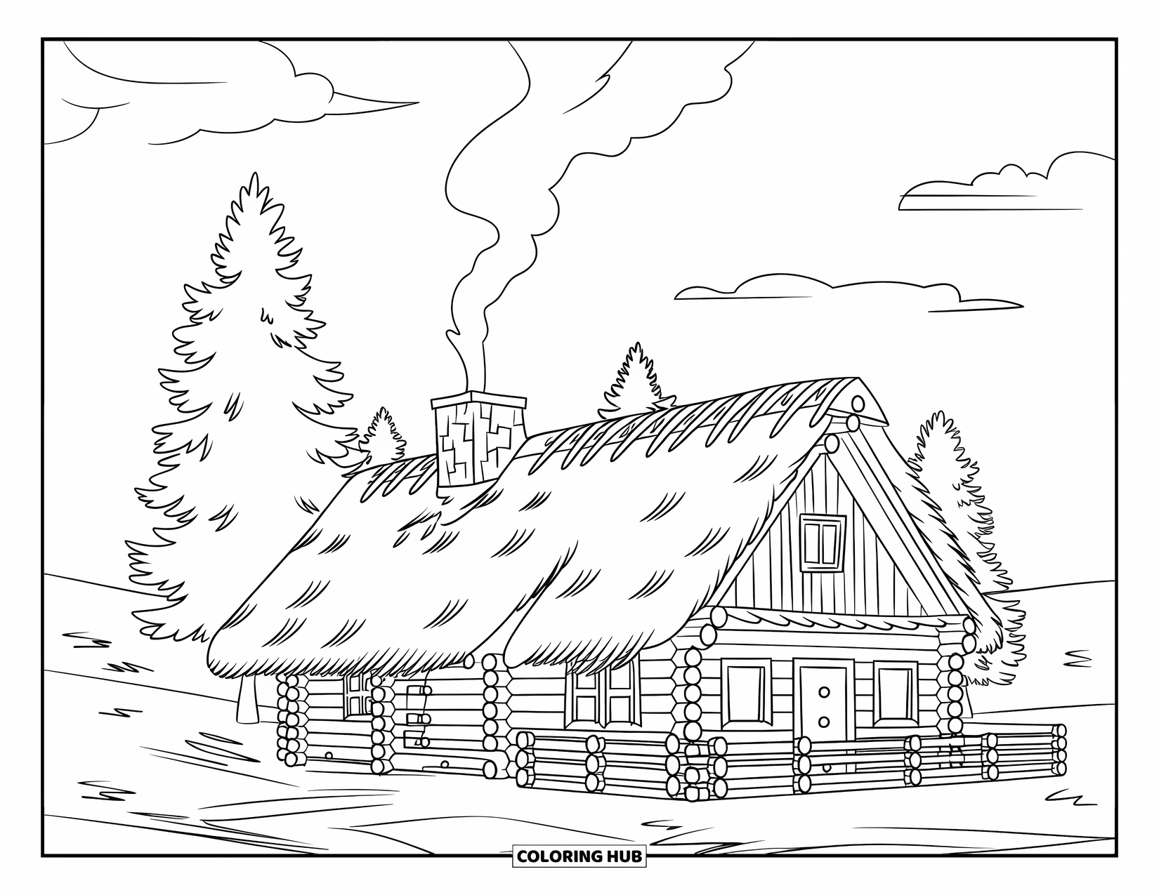 Michigan Coloring Page for Kids: Cabin with fence, pine trees, and meadow skies