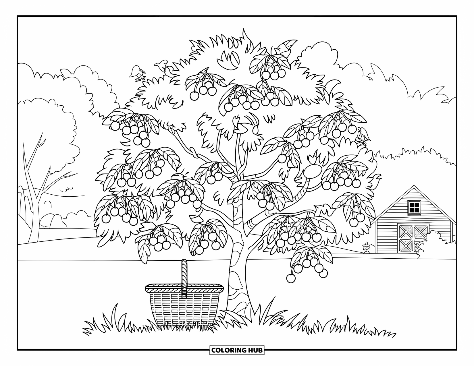 Michigan Coloring Page for Kids: Cherry tree with basket, barn, and perched birds