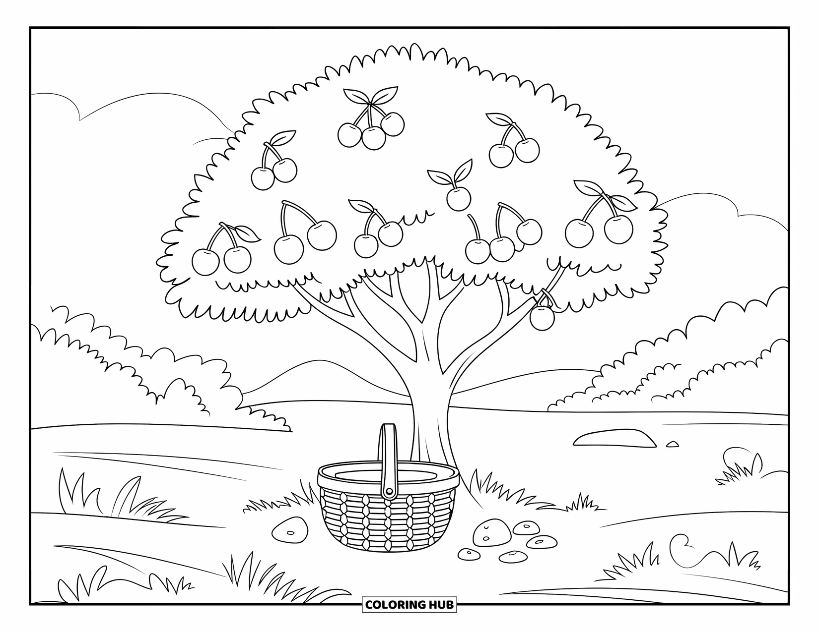 Michigan Coloring Page for Kids: Cherry tree with basket, stones, and open field