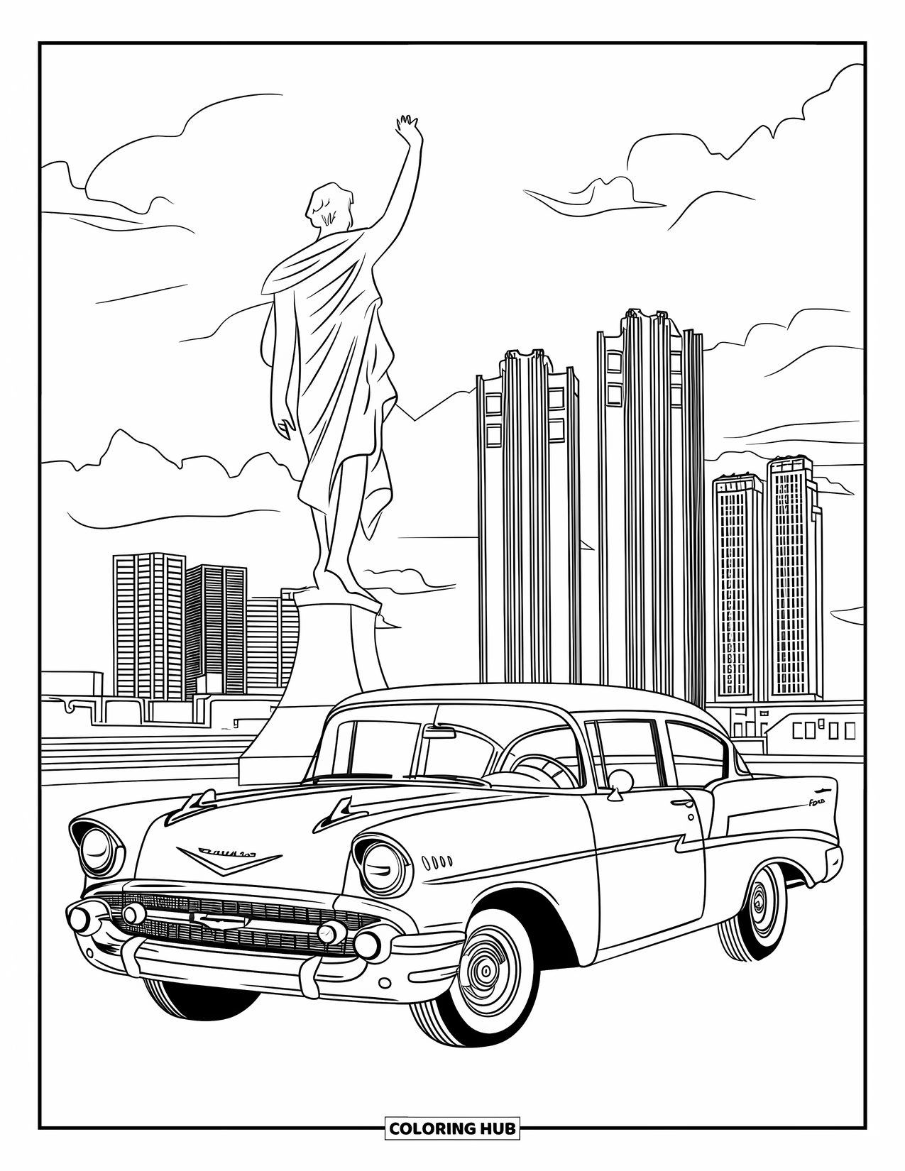 Michigan Coloring Page for Kids: Classic Chevy car parked by the Spirit of Detroit statue