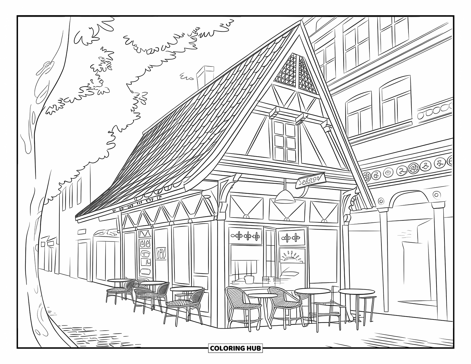 Michigan Coloring Page for Kids: Cozy café with Bavarian-style beams and outdoor tables on a brick street