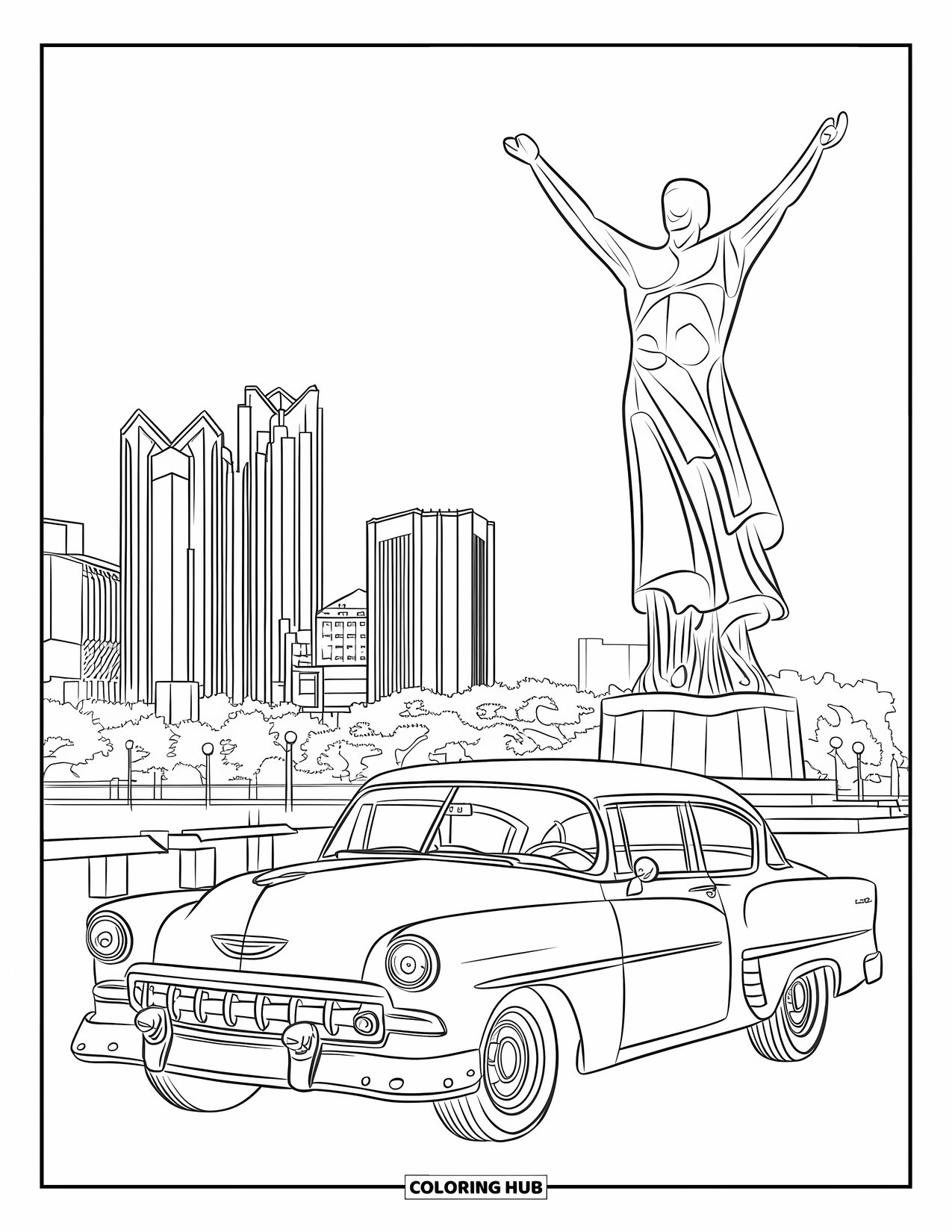 Michigan Coloring Page for Kids: Curved-hood vintage car near the Spirit of Detroit