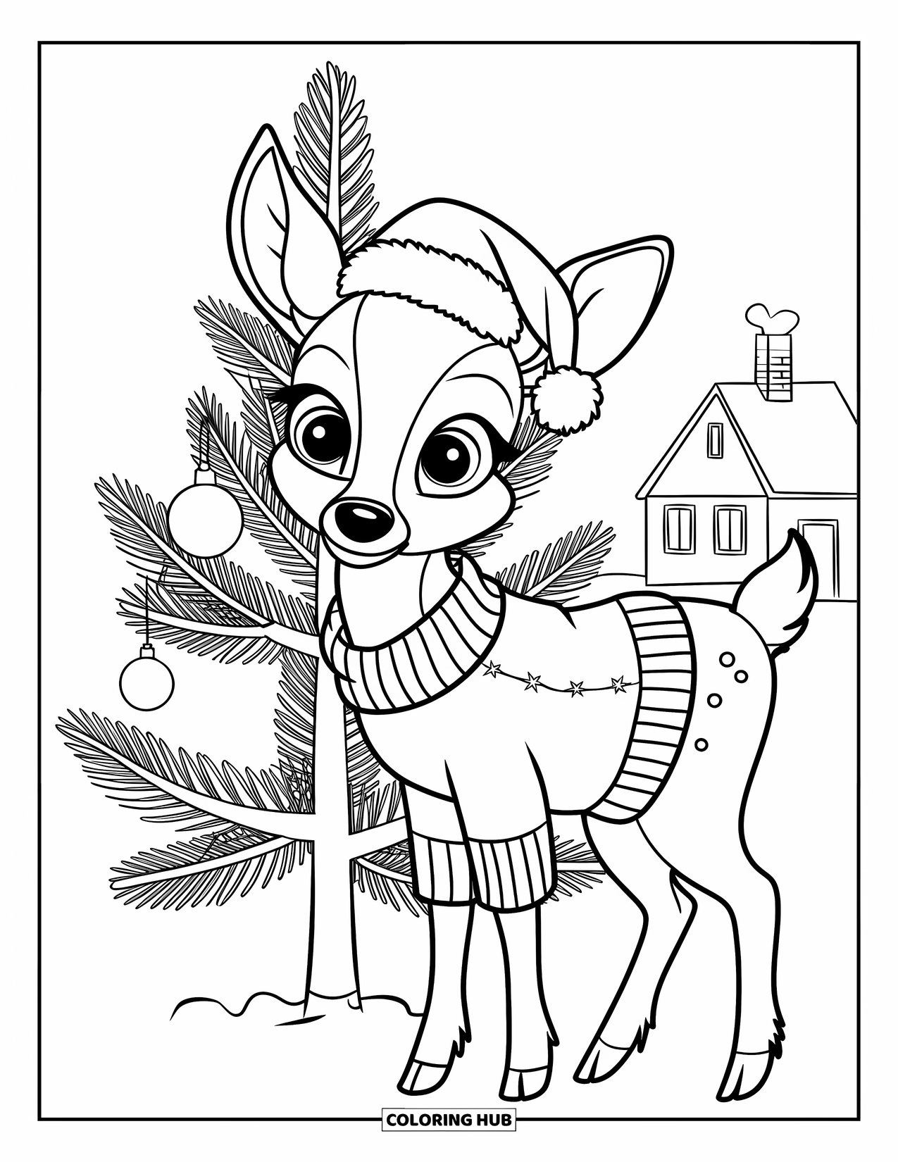 Michigan Coloring Page for Kids: Deer in sweater and Santa hat beside a pine tree