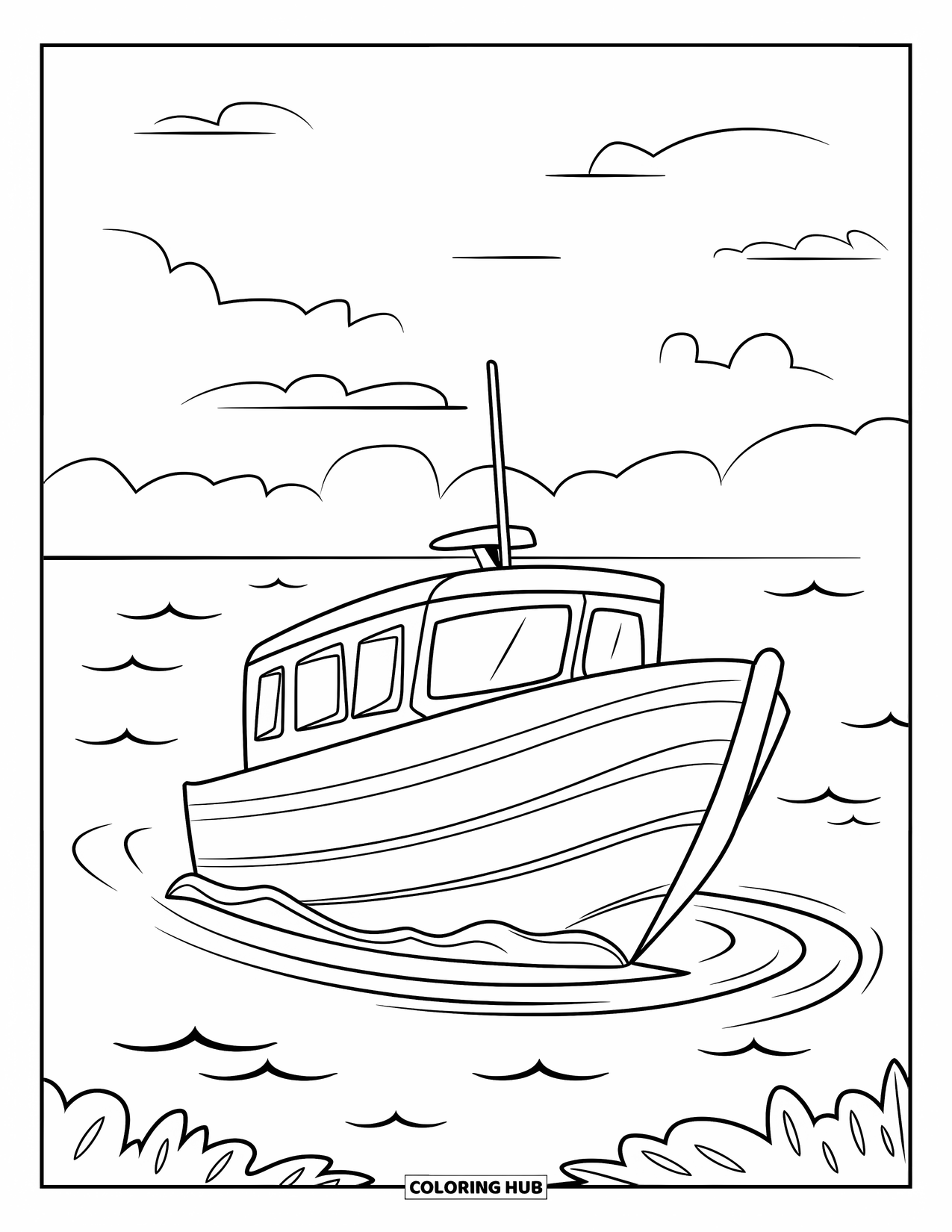 Michigan Coloring Page for Kids: Fishing boat on calm Lake Michigan waters under clear sky