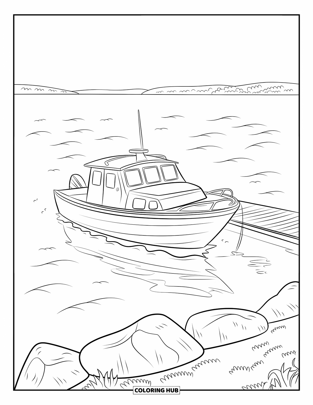 Michigan Coloring Page for Kids: Fishing boat tied at a dock on Lake Michigan