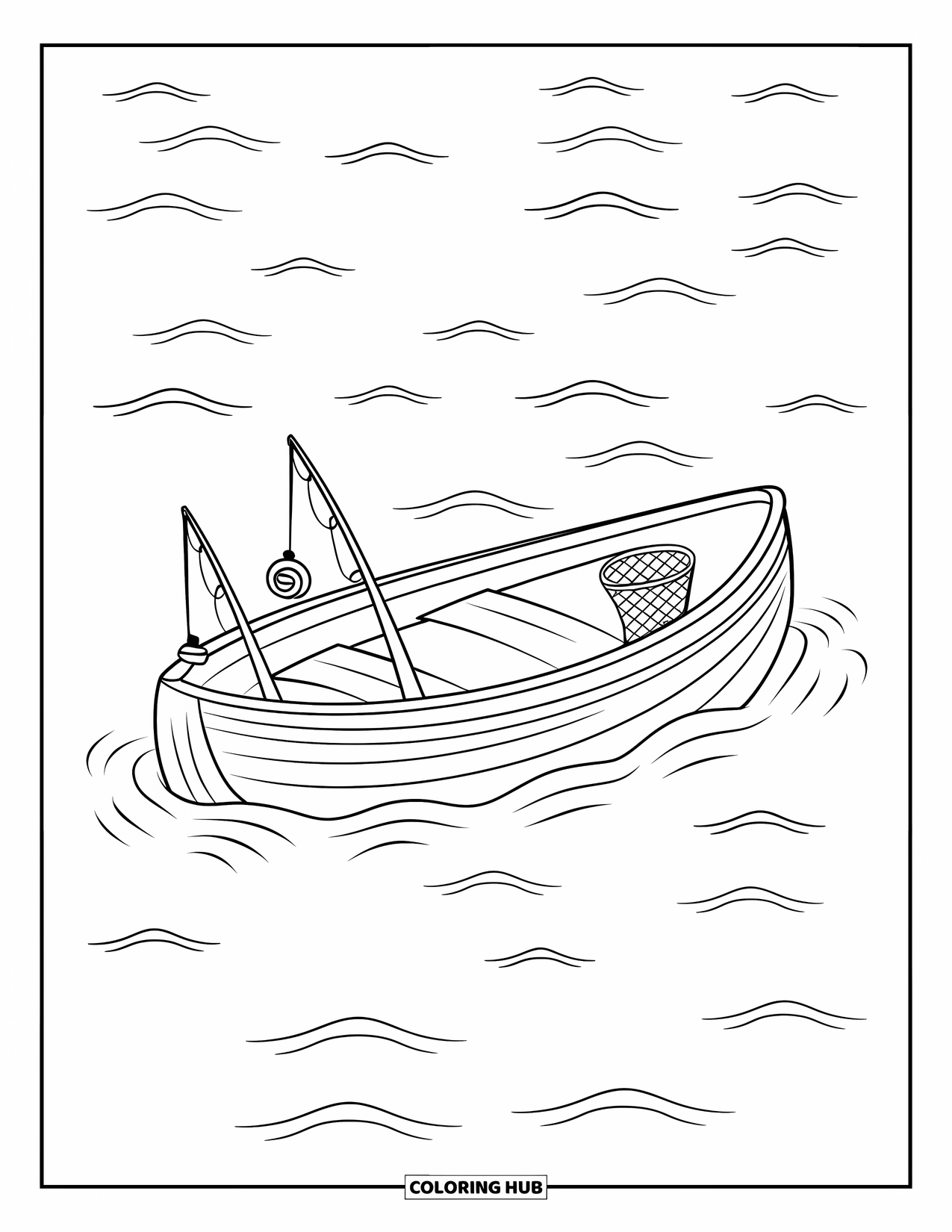 Michigan Coloring Page for Kids: Fishing boat with rods and net on gentle waves