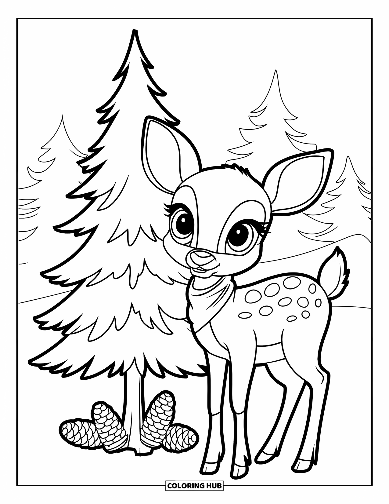 Michigan Coloring Page for Kids: Friendly deer wearing a scarf beside a pine tree
