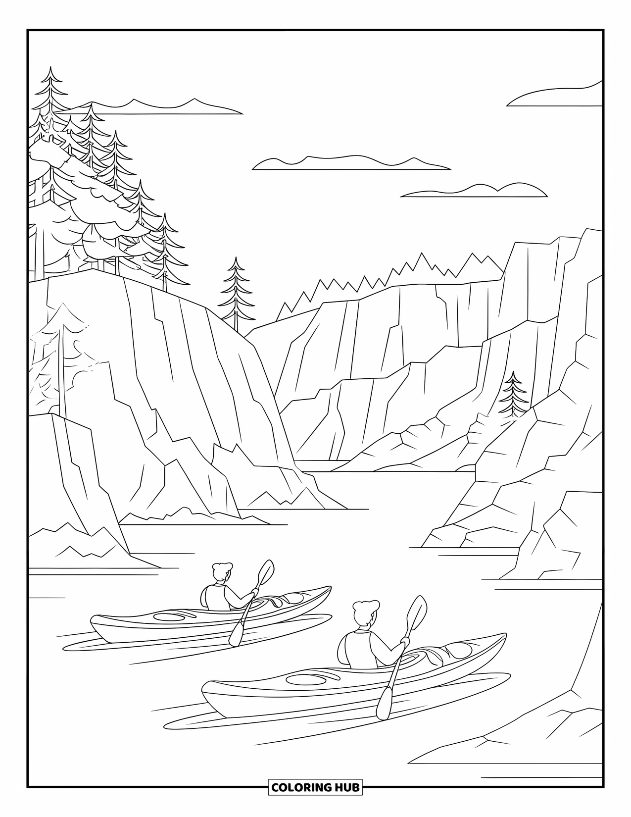 Michigan Coloring Page for Kids: Kayaks paddling near cliffs with small islands and clouds