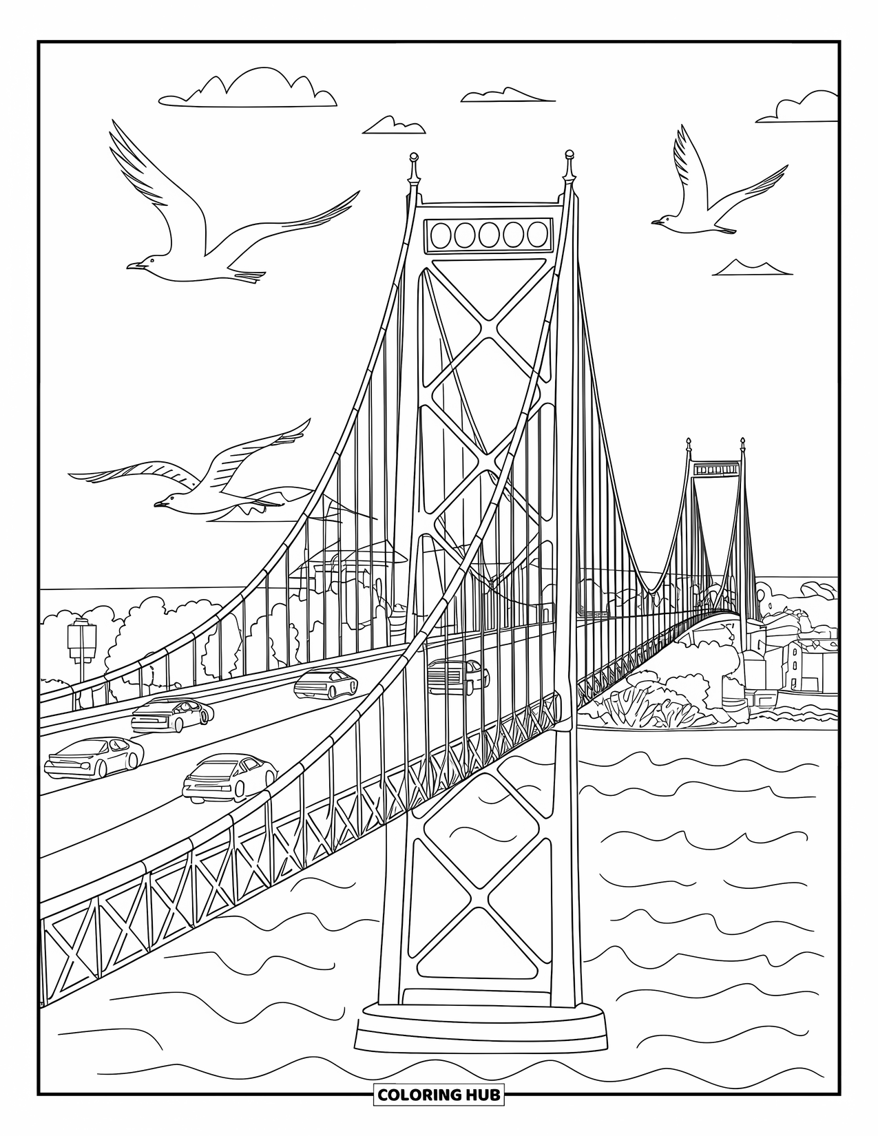 Michigan Coloring Page for Kids: Mackinac Bridge with cars, waves, and flying gulls
