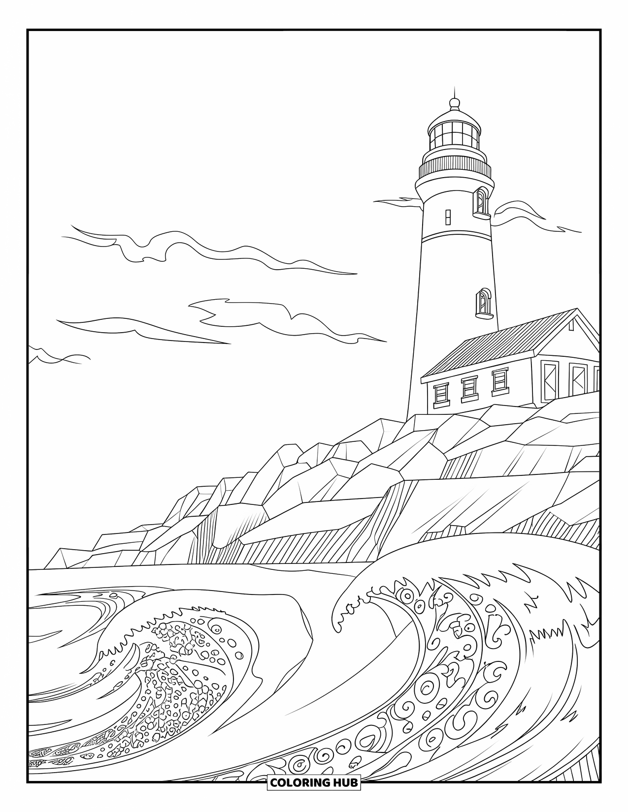Michigan Coloring Page for Kids: Michigan lighthouse with waves crashing against rocks