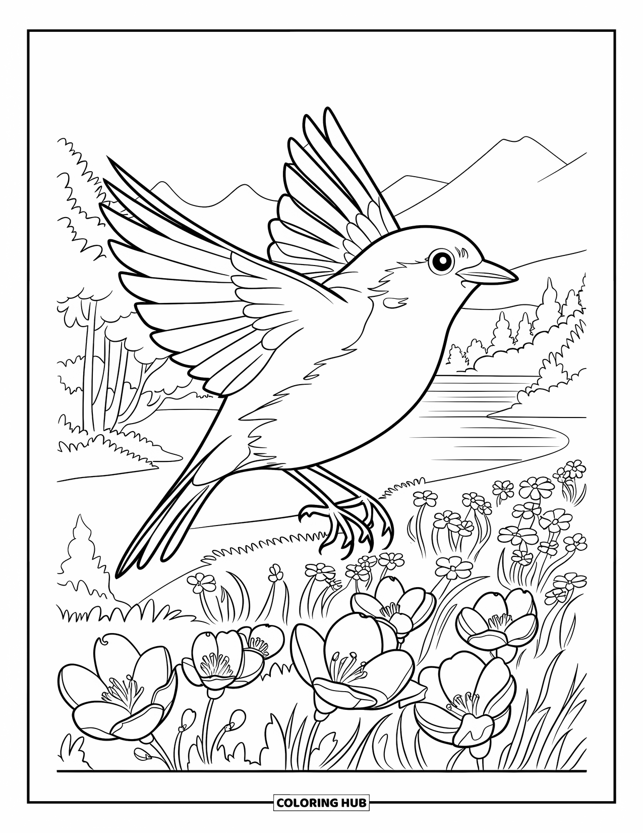 Michigan Coloring Page for Kids: Robin bird gliding over blossoms and serene hills