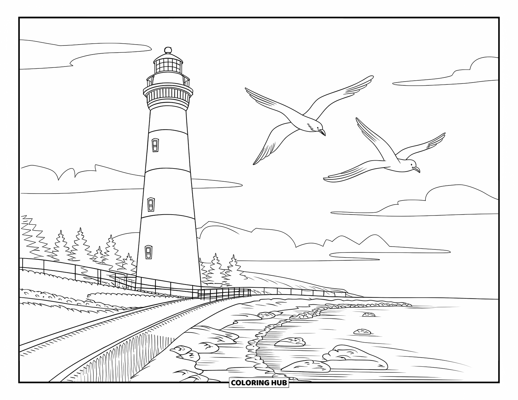 Michigan Coloring Page for Kids: Smiling striped lighthouse with walkway and seagulls