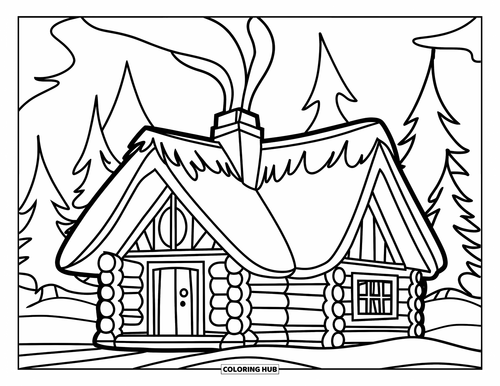 Michigan Coloring Page for Kids: Snowy log cabin with chimney smoke and playful vibe