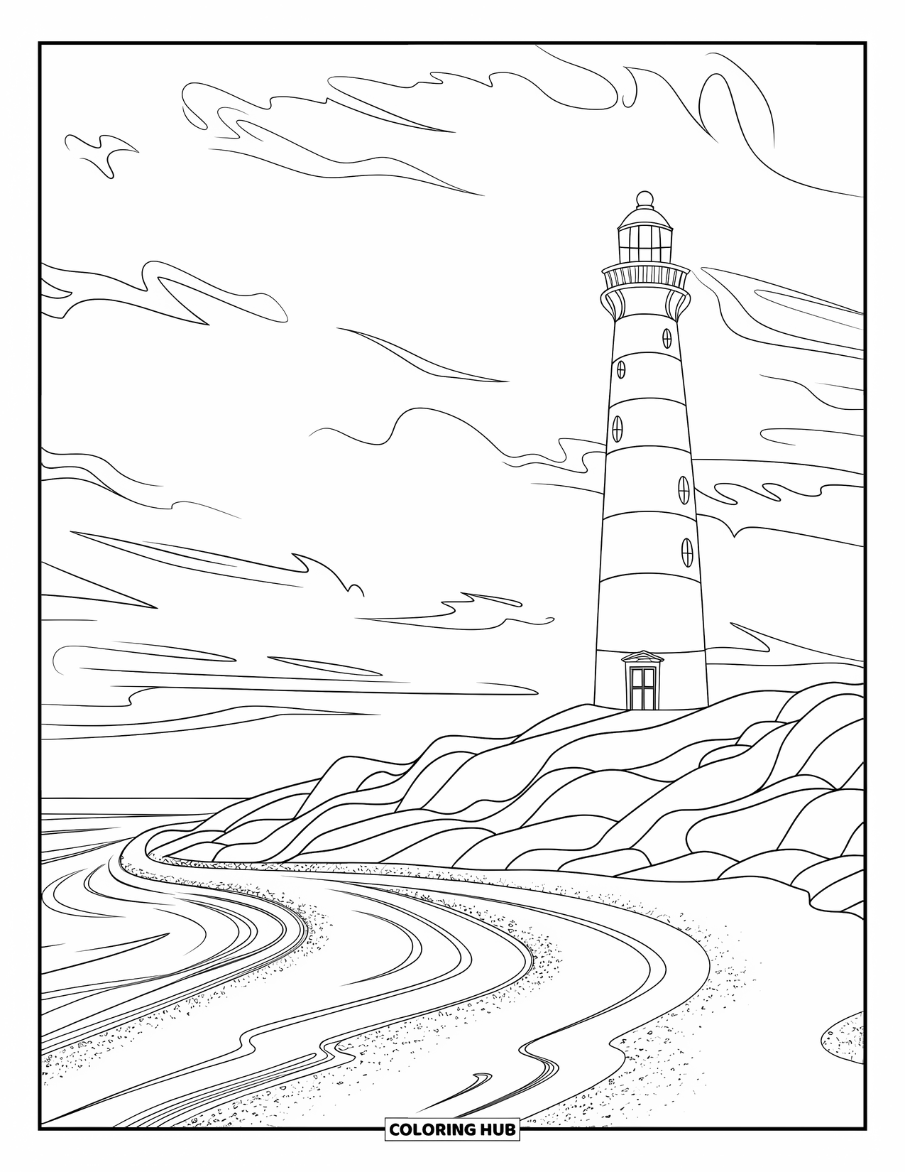 Michigan Coloring Page for Kids: Striped lighthouse on rocks with cloudy sky above