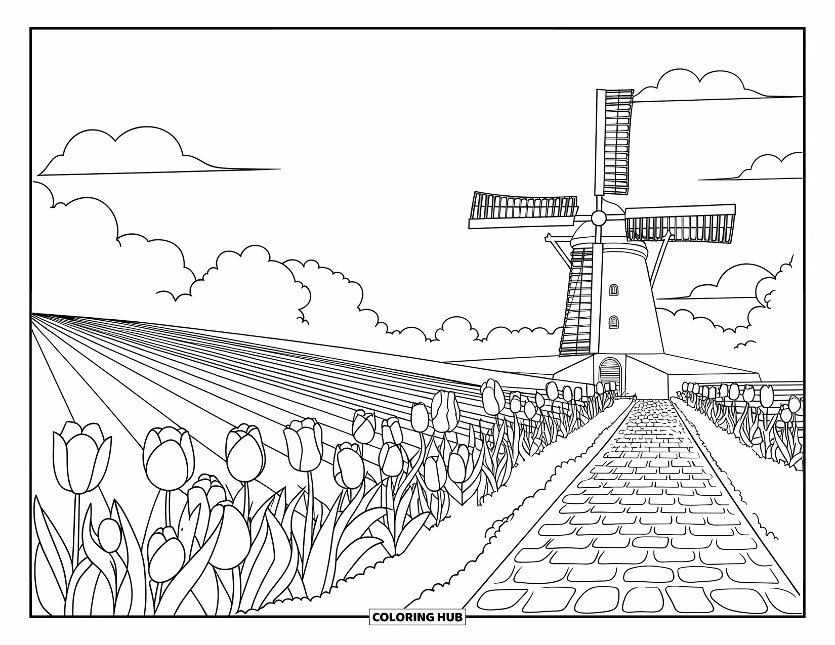 Michigan Coloring Page for Kids: Windmill and tulip fields under a sky of fluffy clouds