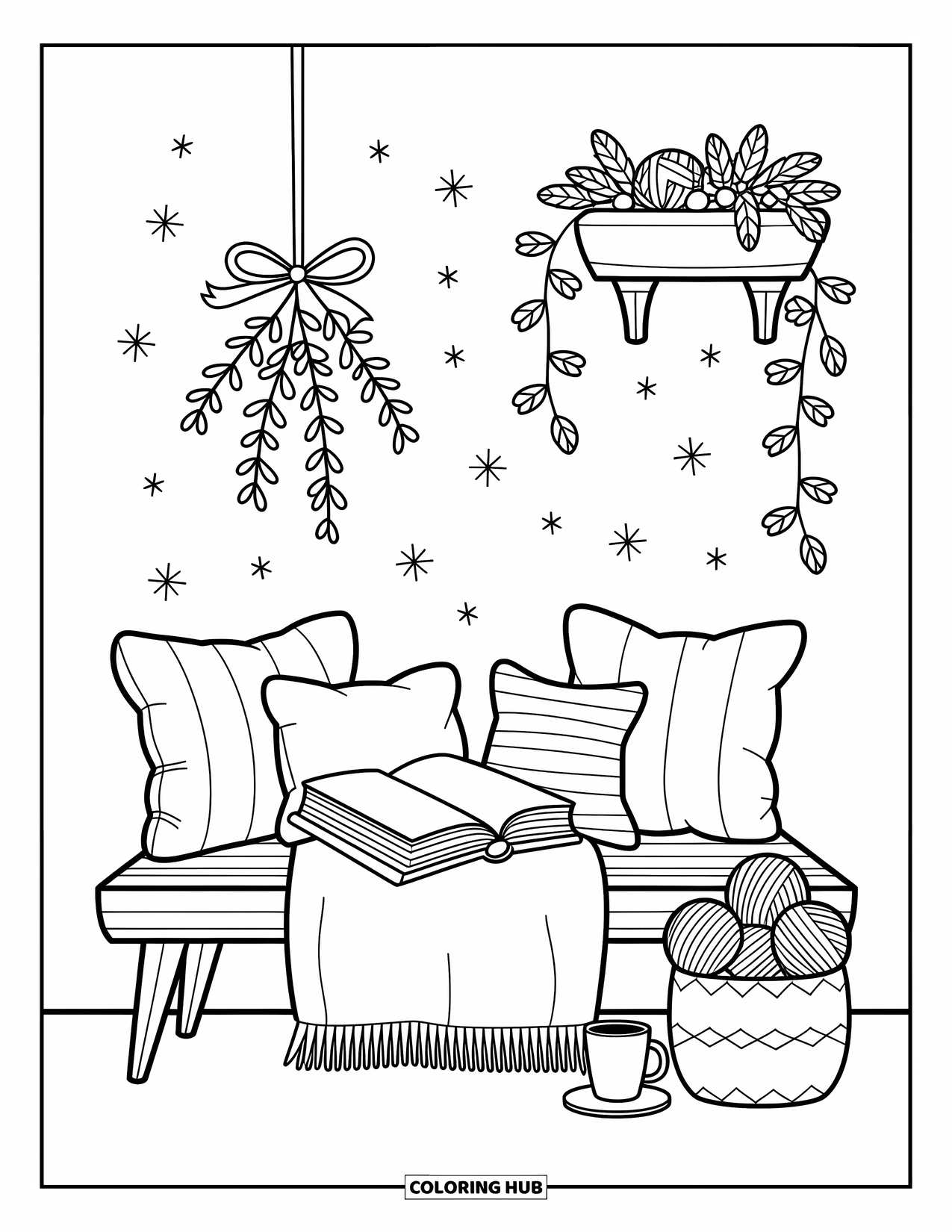 Mistletoe Coloring Page for Adults: A bench with yarn, a mug, and mistletoe tied with ribbon above