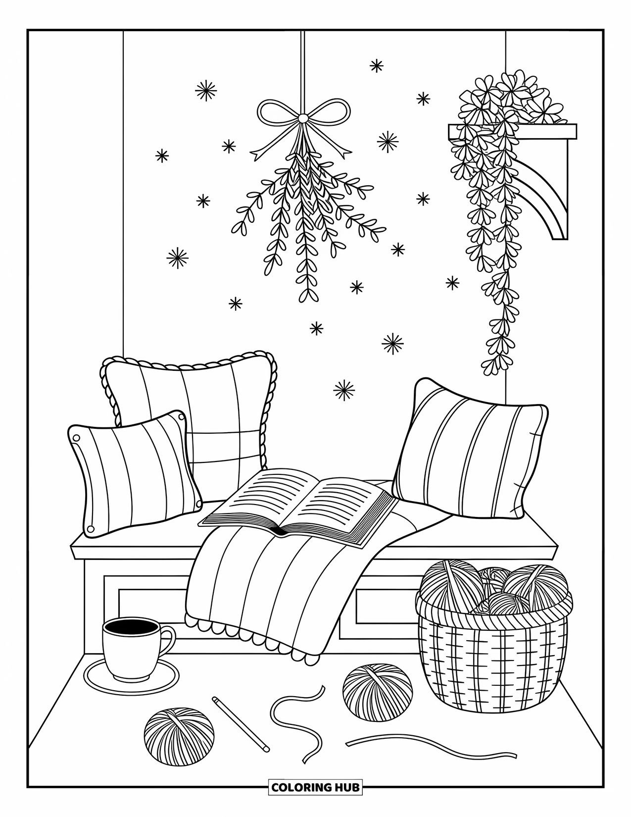 Mistletoe Coloring Page for Adults: A cozy corner with mistletoe, yarn balls, and a steaming cup