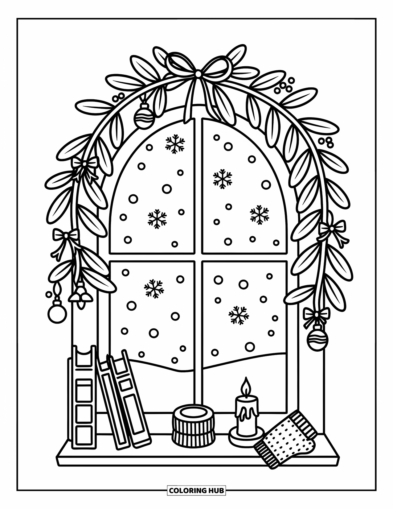 Mistletoe Coloring Page for Adults: A garland of mistletoe drapes over a rounded snowy window