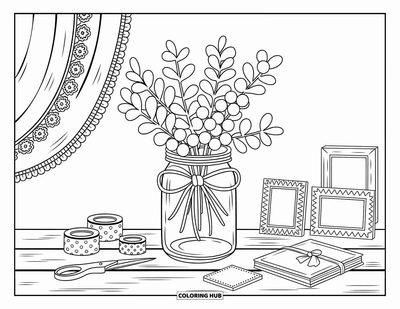 Mistletoe Coloring Page for Adults: A jar of mistletoe tied with a bow sits on a craft table