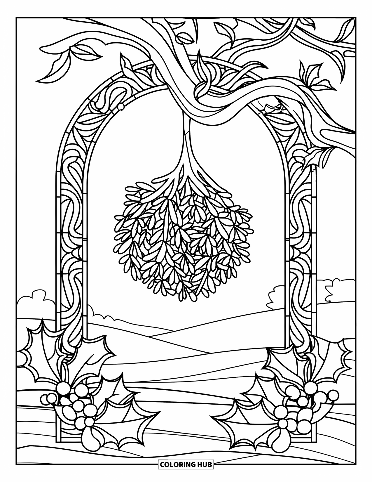 Mistletoe Coloring Page for Adults: A mistletoe ball hangs under a swirling stained glass arch