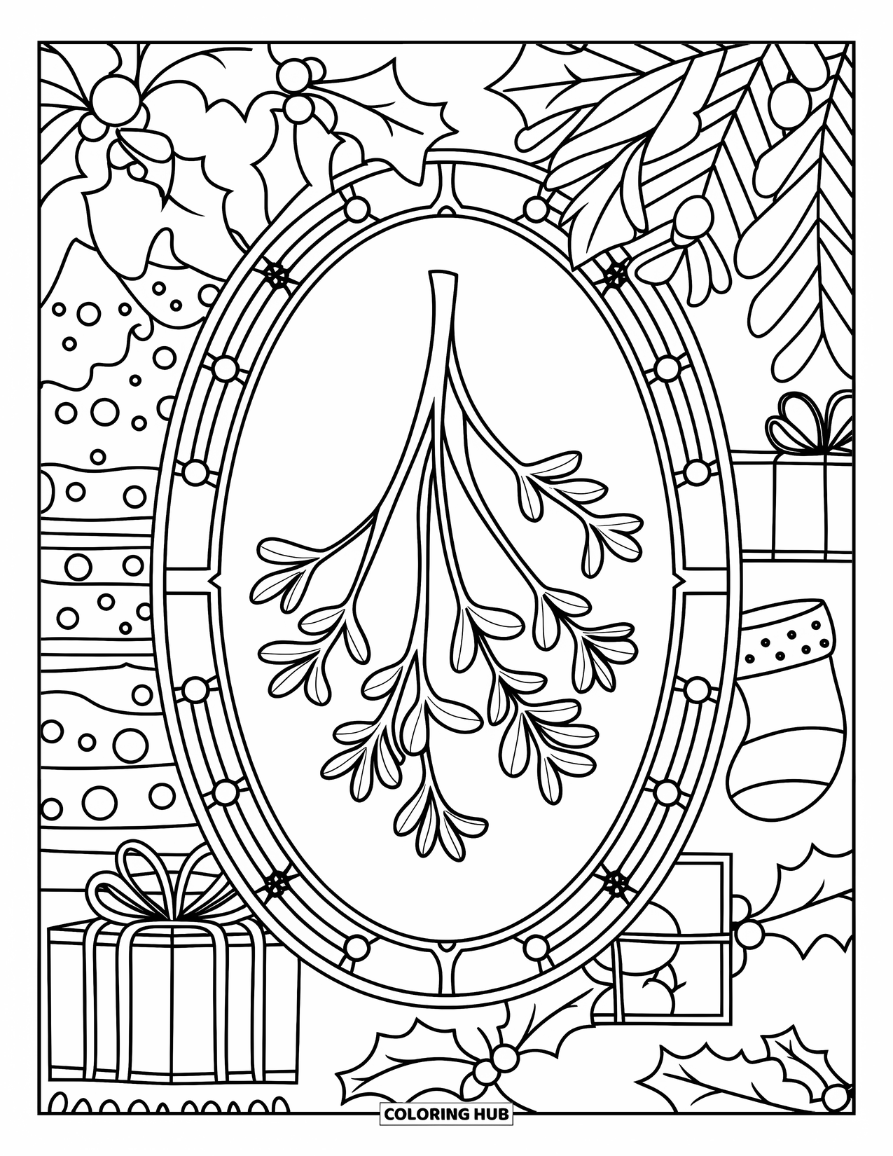 Mistletoe Coloring Page for Adults: A mistletoe bunch in a stained glass oval rests near a tree